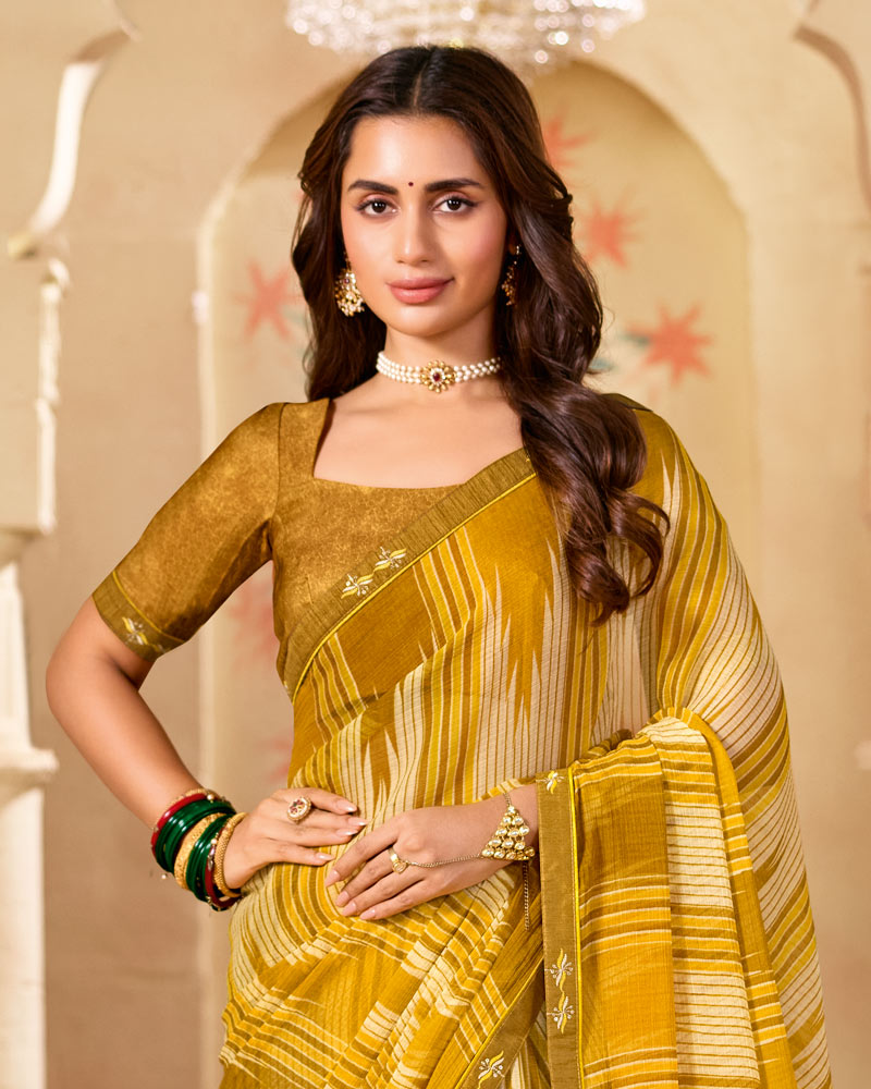 Vishal Prints Mustard Yellow Printed Chiffon Saree With Fancy Embroidery Border