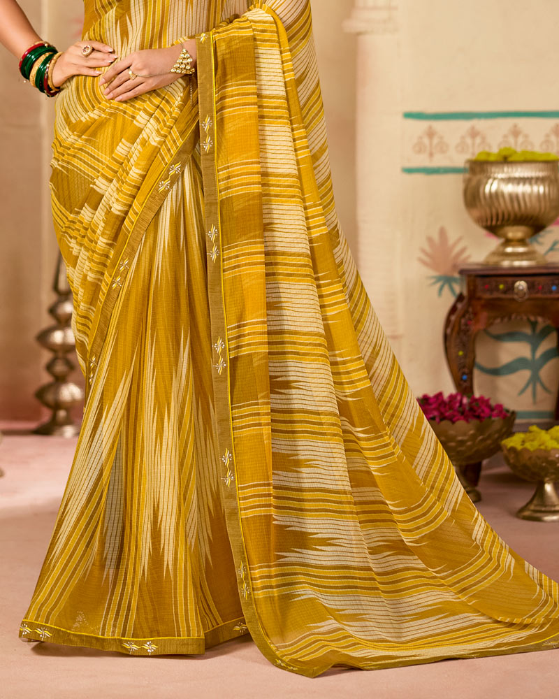 Vishal Prints Mustard Yellow Printed Chiffon Saree With Fancy Embroidery Border