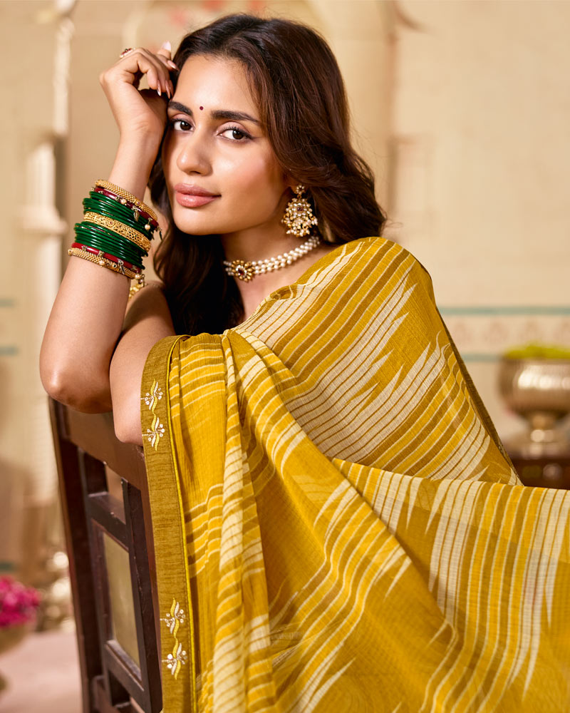 Vishal Prints Mustard Yellow Printed Chiffon Saree With Fancy Embroidery Border