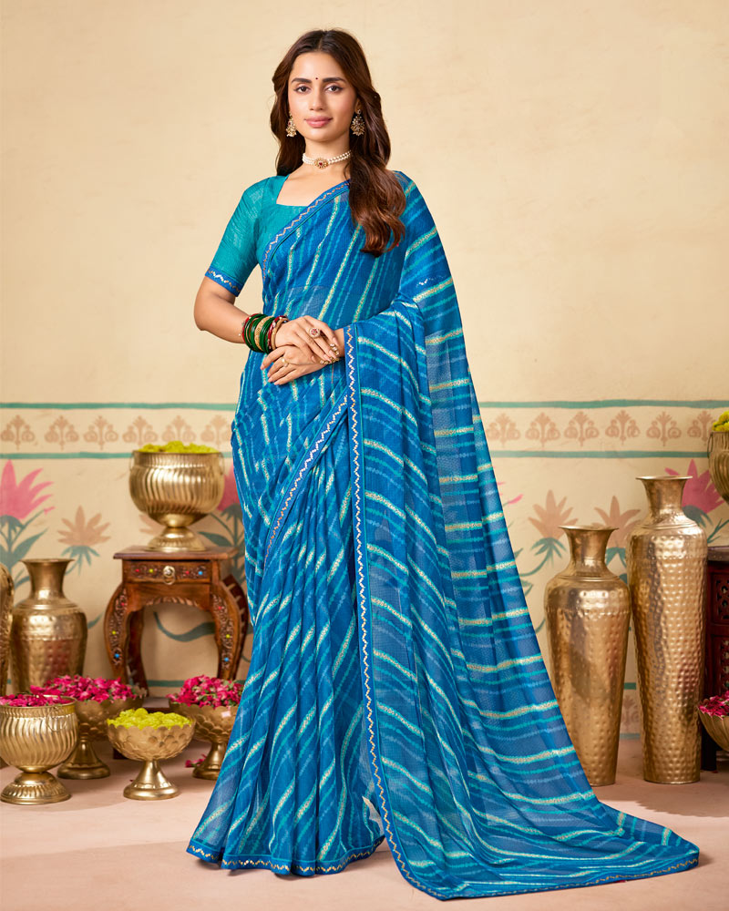 Vishal Prints French Blue Printed Chiffon Saree With Fancy Embroidery Border