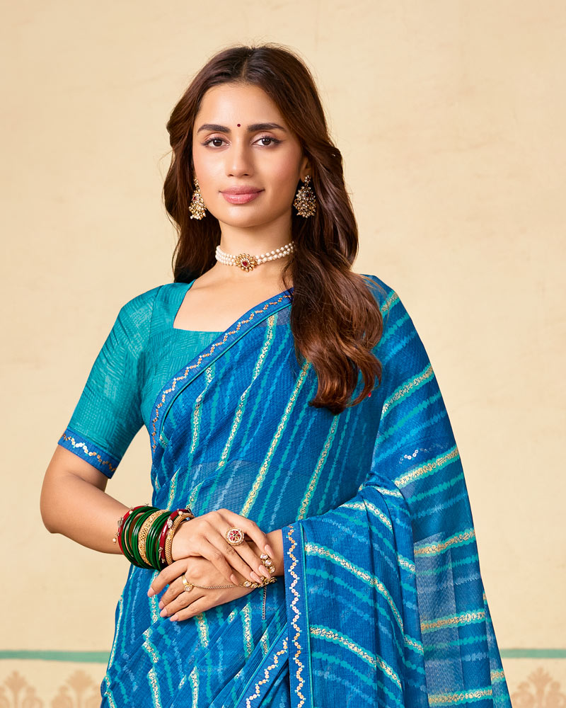 Vishal Prints French Blue Printed Chiffon Saree With Fancy Embroidery Border