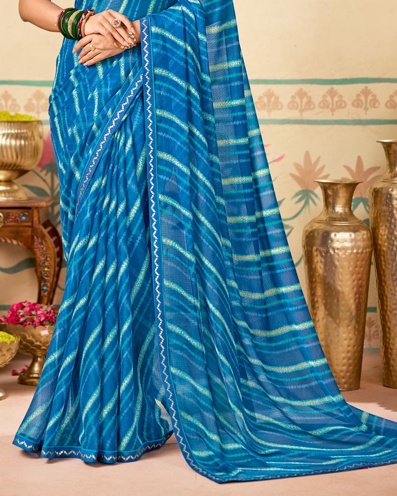 Vishal Prints French Blue Printed Chiffon Saree With Fancy Embroidery Border