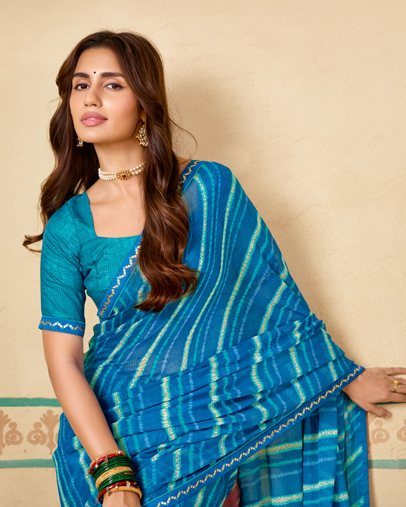 Vishal Prints French Blue Printed Chiffon Saree With Fancy Embroidery Border
