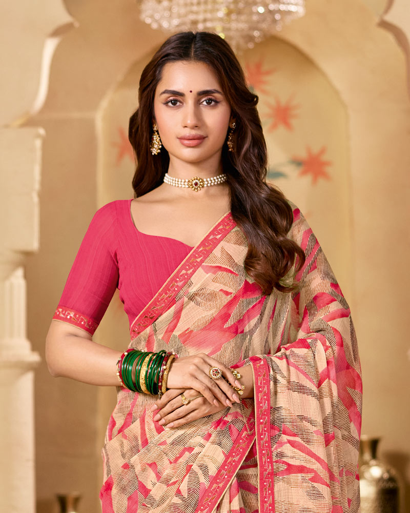Vishal Prints Peachy Orange Printed Chiffon Saree With Fancy Embroidery Border