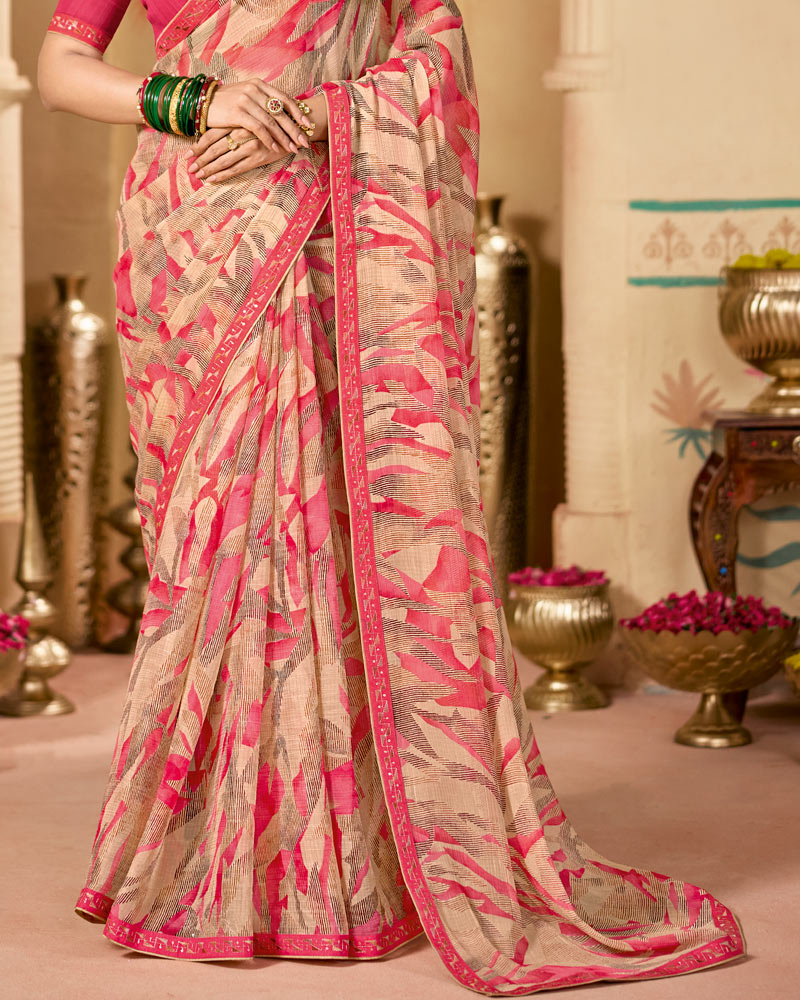 Vishal Prints Peachy Orange Printed Chiffon Saree With Fancy Embroidery Border
