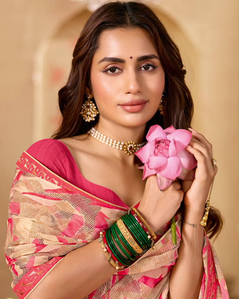 Vishal Prints Peachy Orange Printed Chiffon Saree With Fancy Embroidery Border