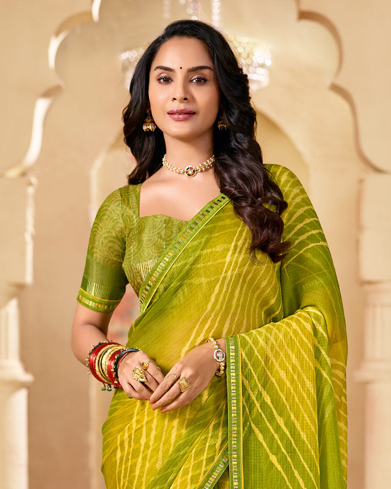 Vishal Prints Olive Yellow Printed Chiffon Saree With Fancy Embroidery Border