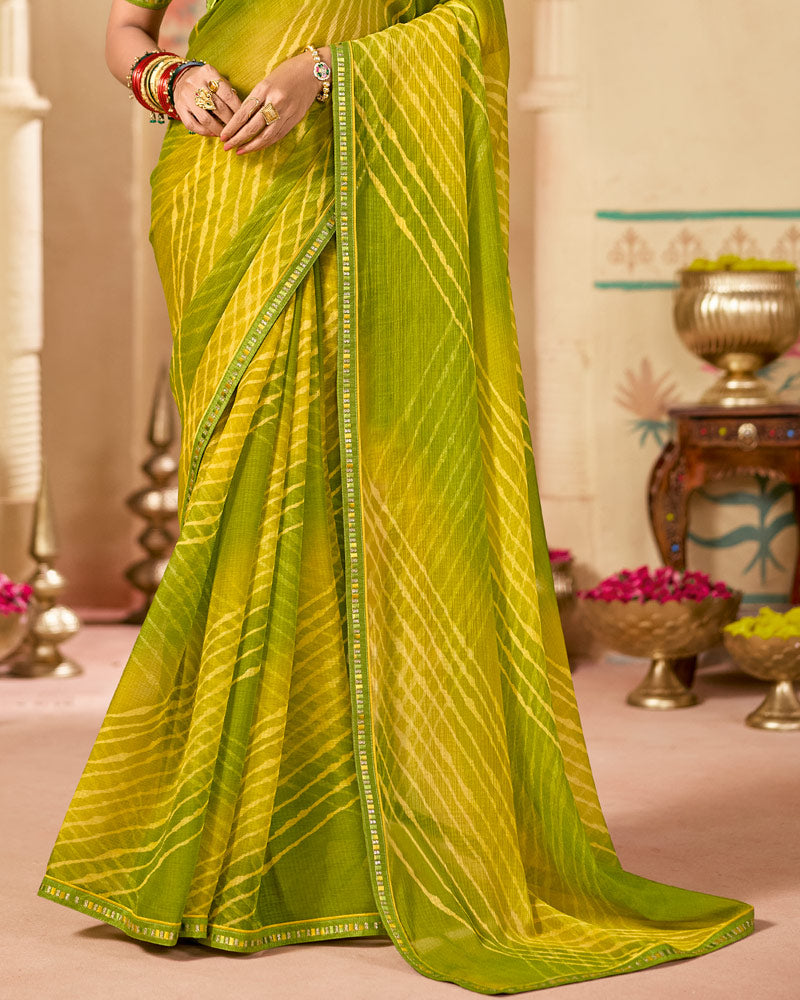 Vishal Prints Olive Yellow Printed Chiffon Saree With Fancy Embroidery Border