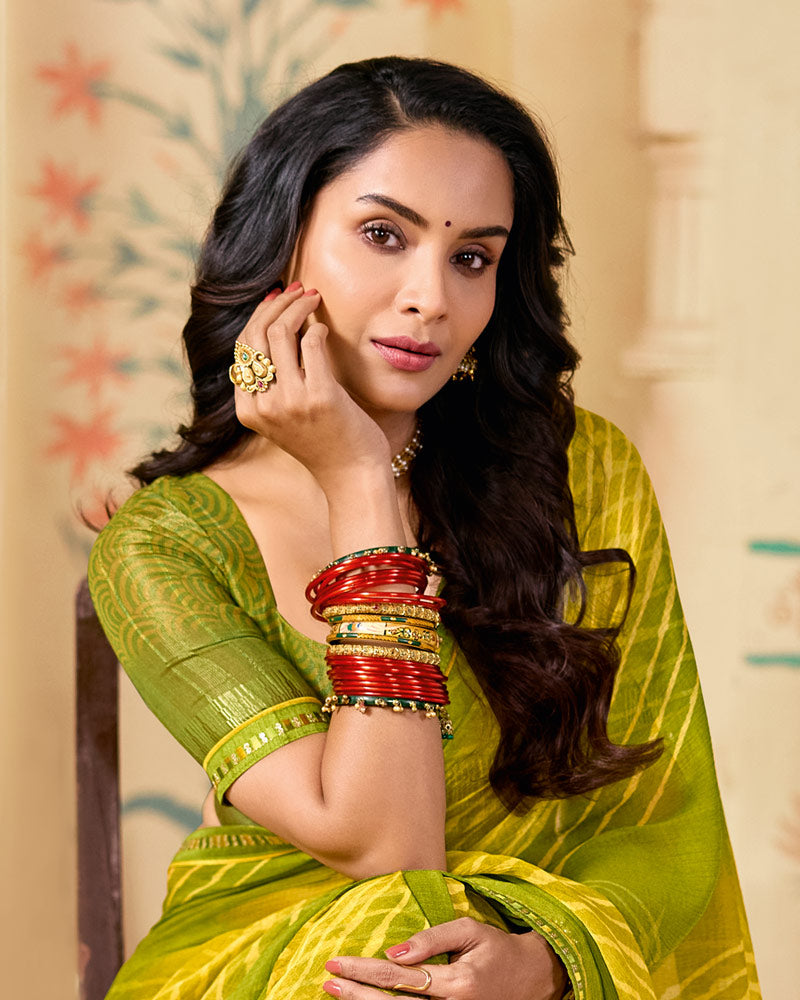 Vishal Prints Olive Yellow Printed Chiffon Saree With Fancy Embroidery Border