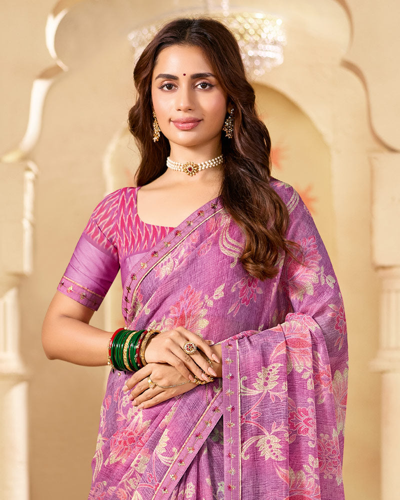 Vishal Prints Pastel Magenta Printed Chiffon Saree With Fancy Embroidery Border