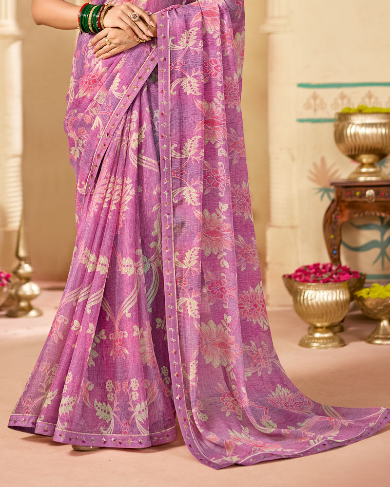 Vishal Prints Pastel Magenta Printed Chiffon Saree With Fancy Embroidery Border