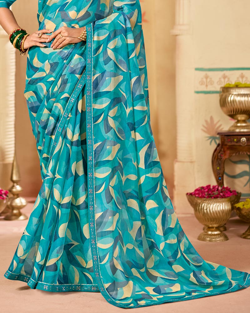 Vishal Prints Pacific Blue Printed Chiffon Saree With Fancy Embroidery Border