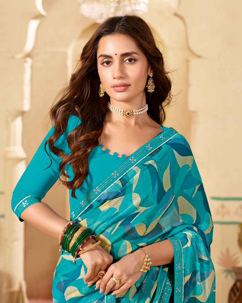 Vishal Prints Pacific Blue Printed Chiffon Saree With Fancy Embroidery Border