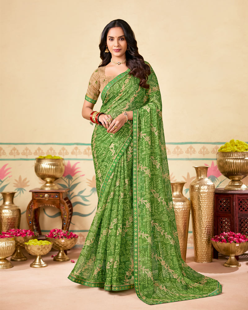 Vishal Prints Fern Green Printed Chiffon Saree With Fancy Embroidery Border