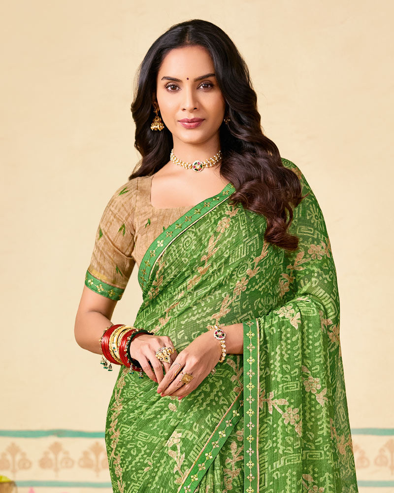 Vishal Prints Fern Green Printed Chiffon Saree With Fancy Embroidery Border