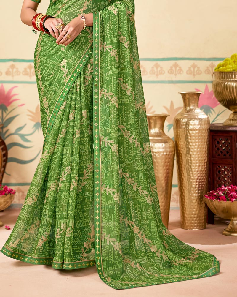 Vishal Prints Fern Green Printed Chiffon Saree With Fancy Embroidery Border