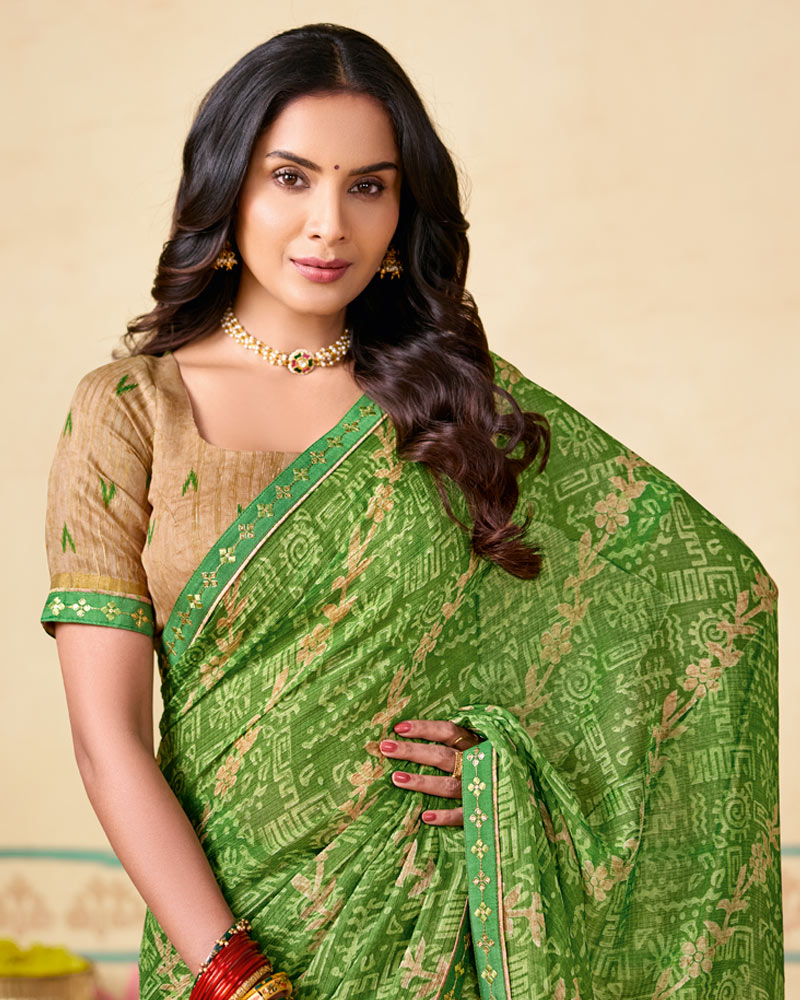 Vishal Prints Fern Green Printed Chiffon Saree With Fancy Embroidery Border