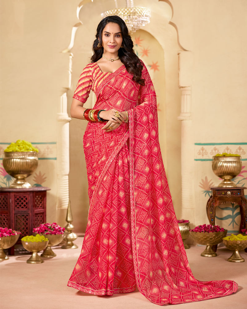 Vishal Prints Watermelon Pink Printed Chiffon Saree With Fancy Embroidery Border