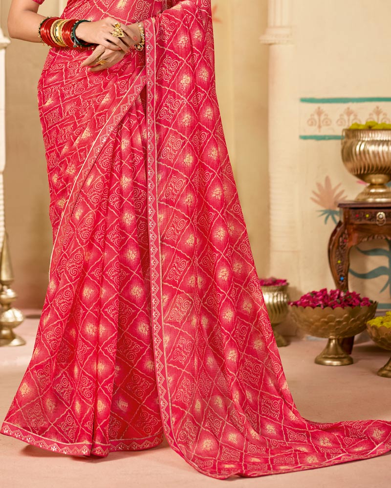 Vishal Prints Watermelon Pink Printed Chiffon Saree With Fancy Embroidery Border