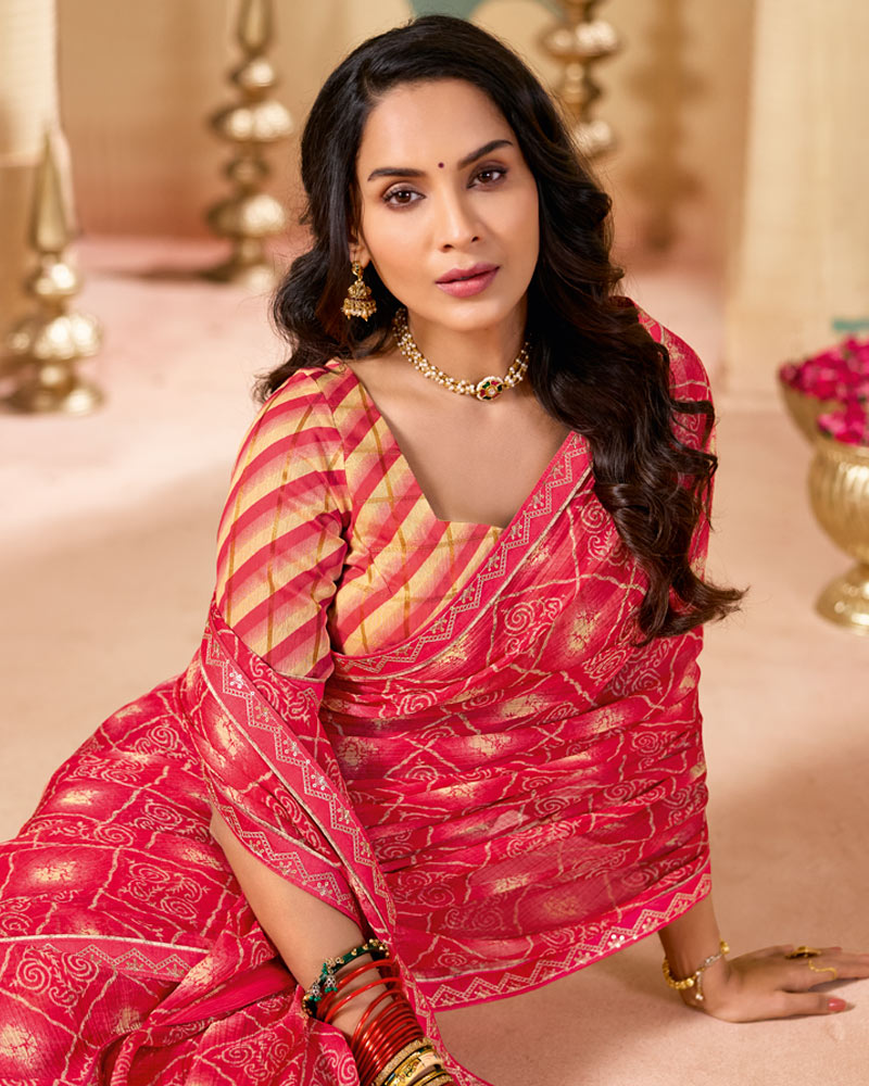 Vishal Prints Watermelon Pink Printed Chiffon Saree With Fancy Embroidery Border