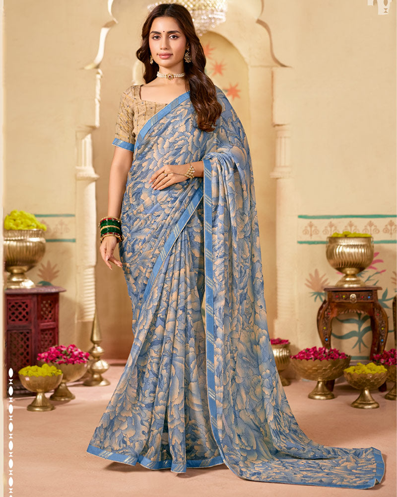 Vishal Prints Bluish Grey Printed Chiffon Saree With Fancy Embroidery Border