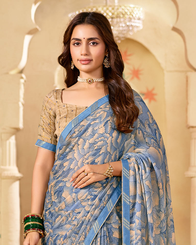 Vishal Prints Bluish Grey Printed Chiffon Saree With Fancy Embroidery Border