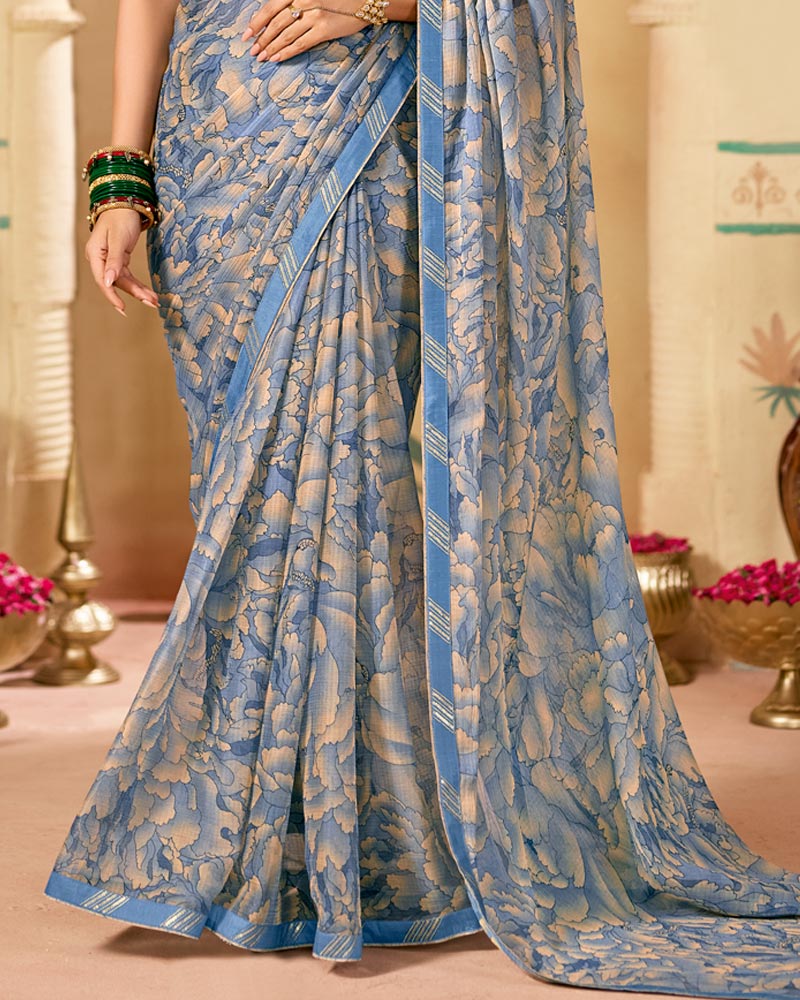 Vishal Prints Bluish Grey Printed Chiffon Saree With Fancy Embroidery Border