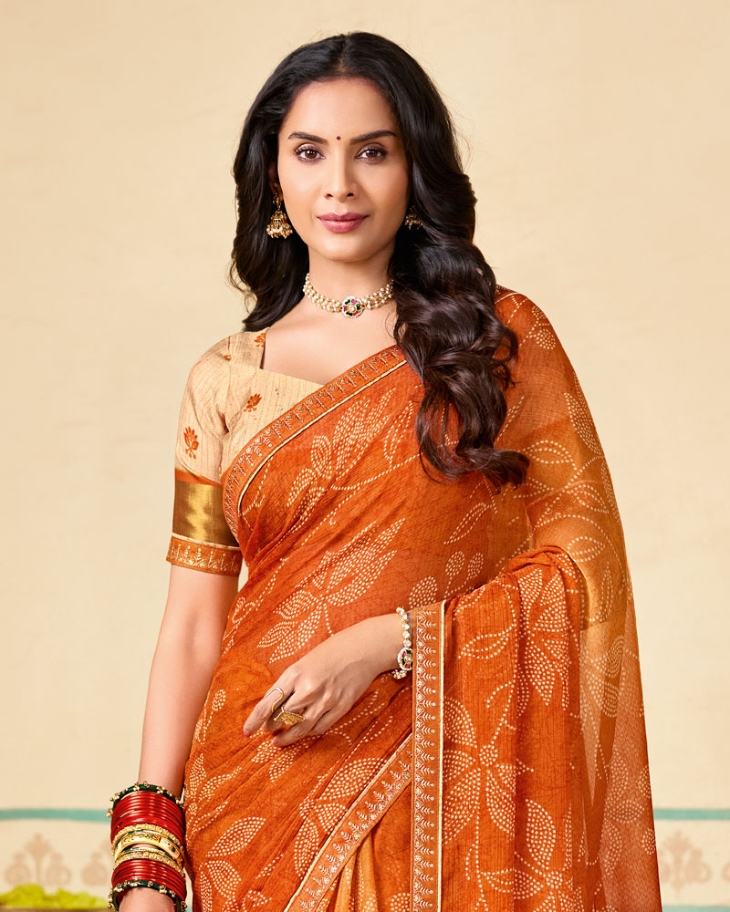Vishal Prints Flame Orange Printed Chiffon Traditional Print Saree With Fancy Embroidery Border