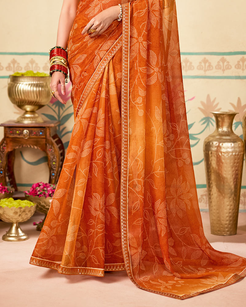Vishal Prints Flame Orange Printed Chiffon Traditional Print Saree With Fancy Embroidery Border