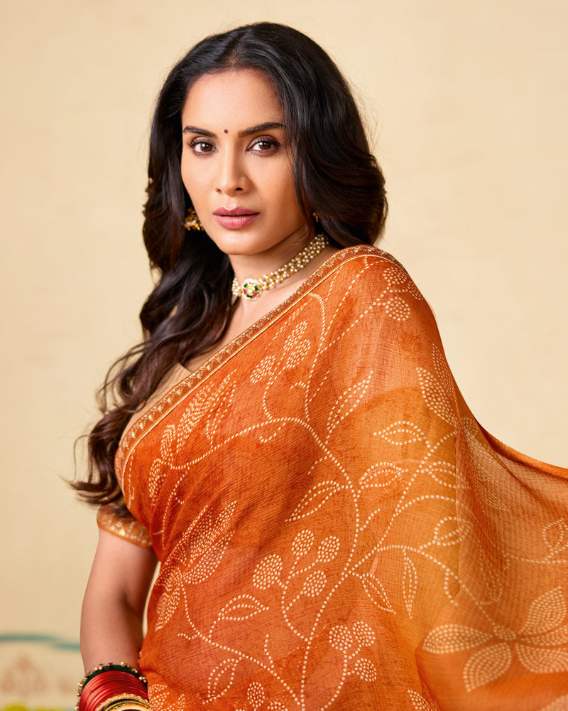 Vishal Prints Flame Orange Printed Chiffon Traditional Print Saree With Fancy Embroidery Border