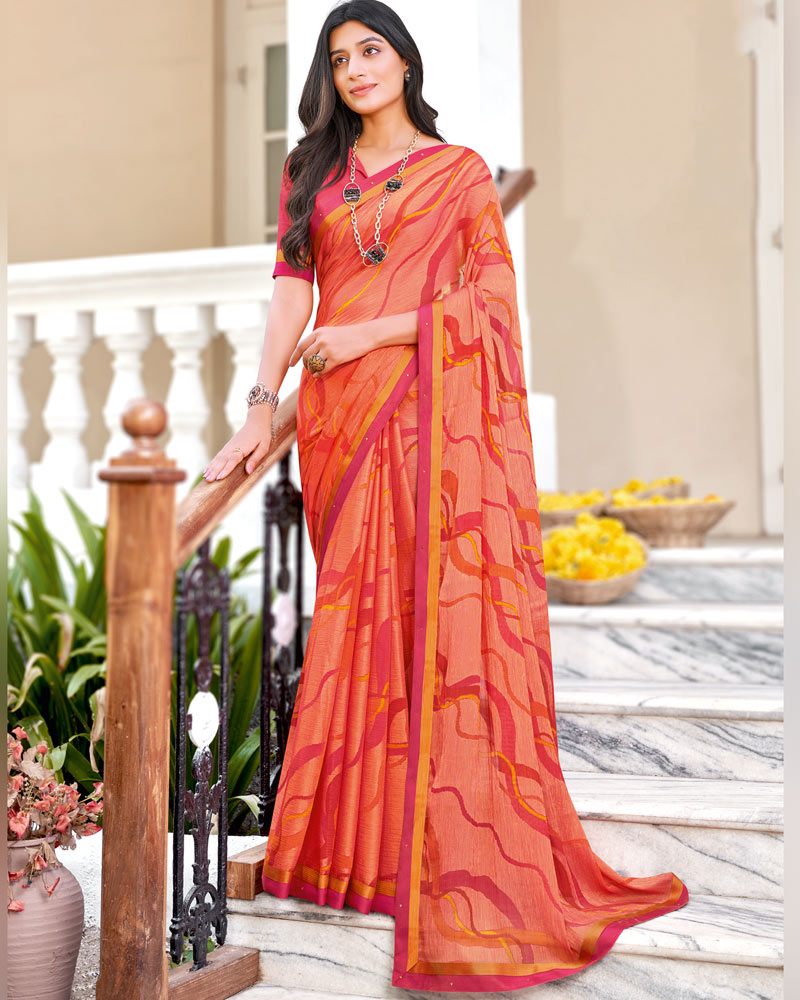 Vishal Prints Dark Orange Printed Brasso Saree With Fancy Border