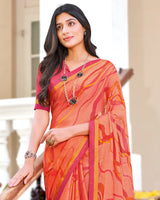 Vishal Prints Dark Orange Printed Brasso Saree With Fancy Border