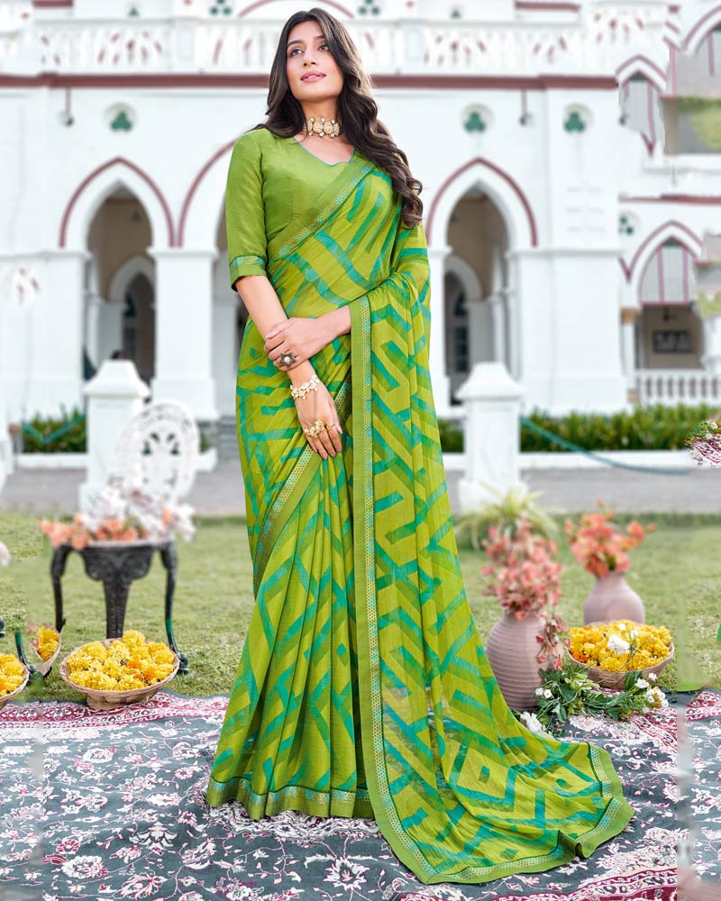 Vishal Prints Olive Green Printed Brasso Saree With Fancy Border