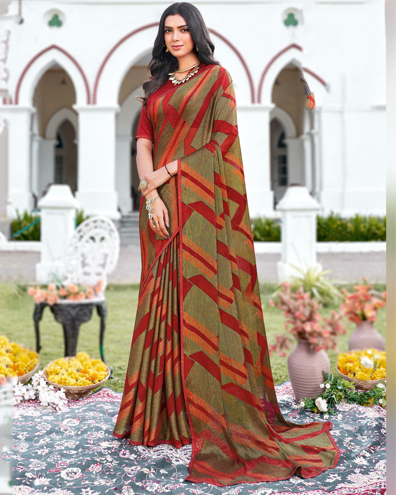 Vishal Prints Shadow Green Printed Brasso Saree With Fancy Border