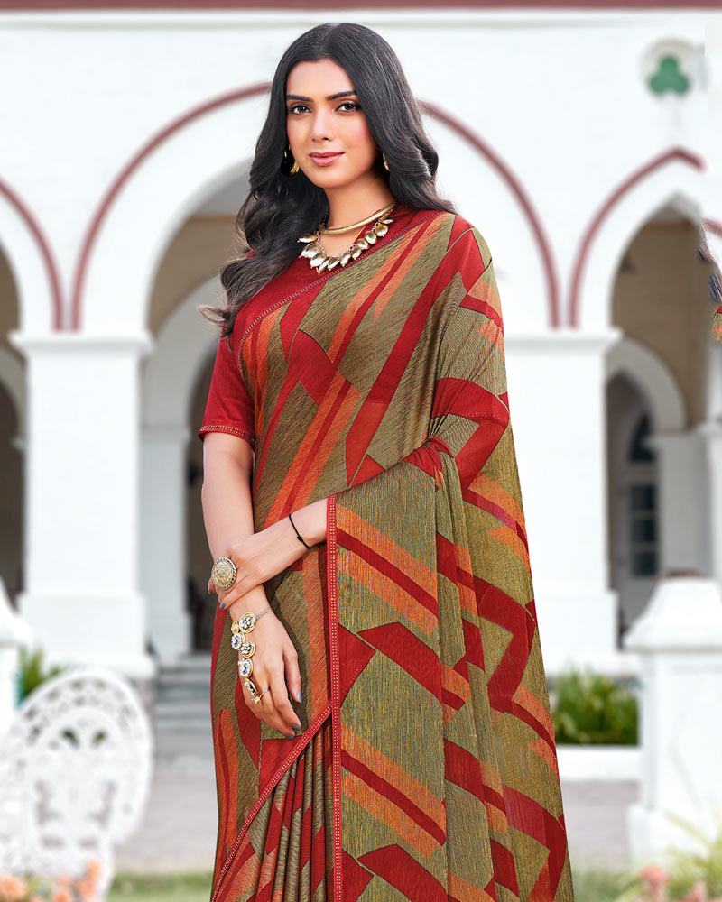 Vishal Prints Shadow Green Printed Brasso Saree With Fancy Border