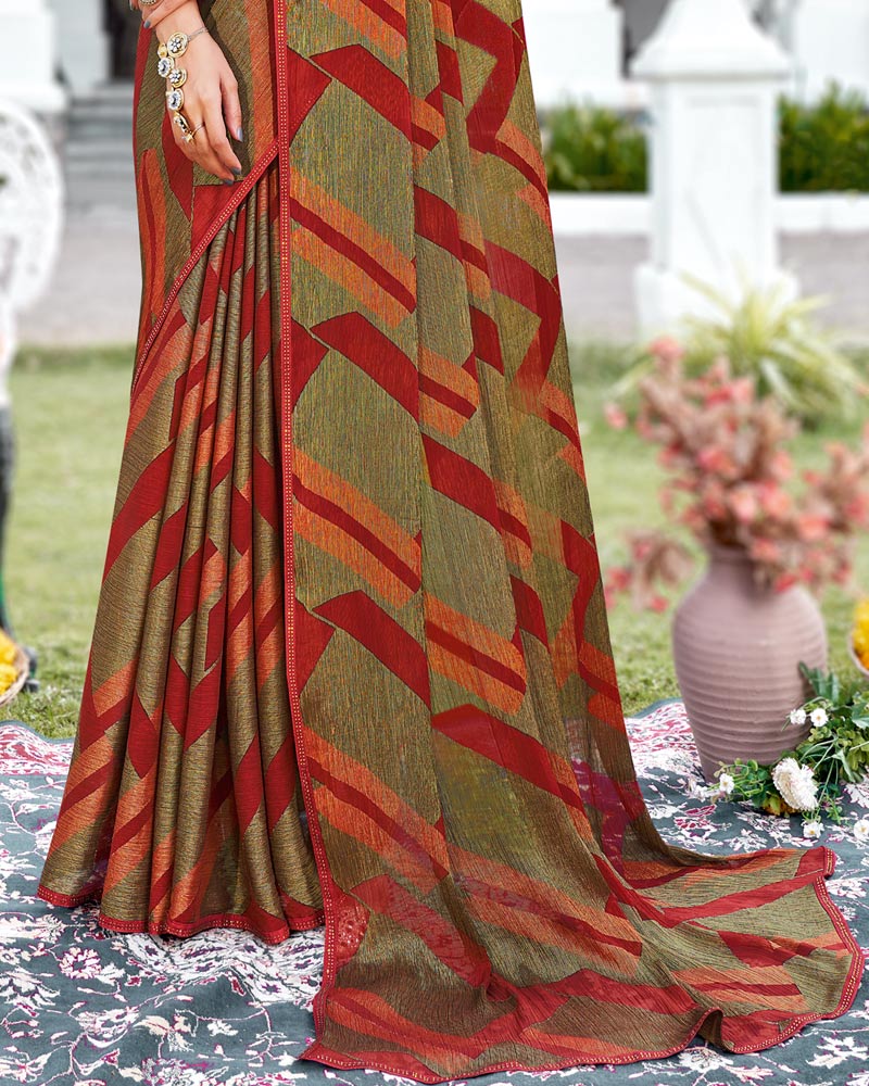 Vishal Prints Shadow Green Printed Brasso Saree With Fancy Border