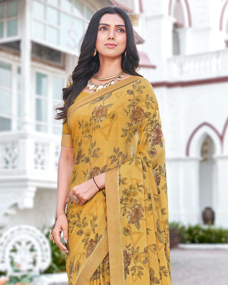 Vishal Prints Light Mustard Printed Brasso Saree With Fancy Border