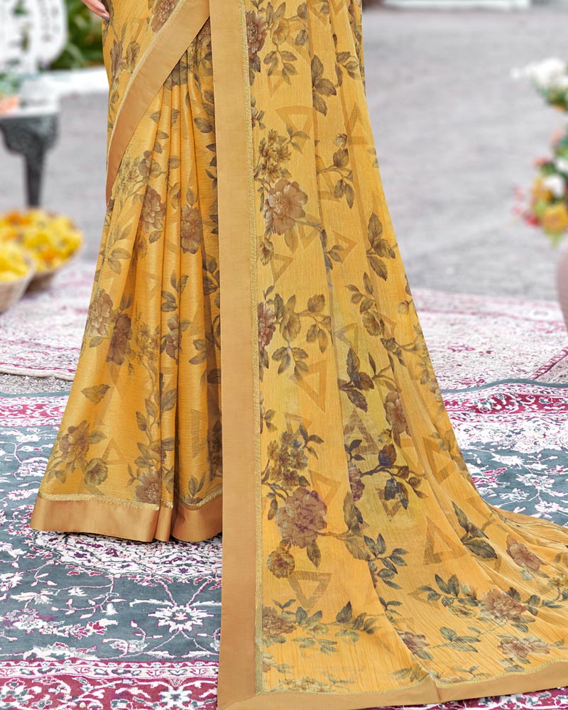 Vishal Prints Light Mustard Printed Brasso Saree With Fancy Border