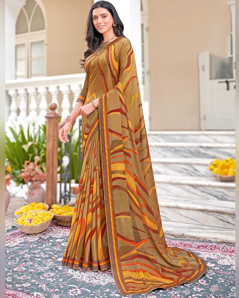 Vishal Prints Dark Beige Printed Brasso Saree With Fancy Border