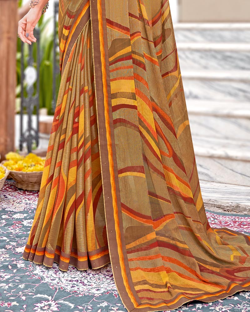 Vishal Prints Dark Beige Printed Brasso Saree With Fancy Border