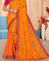 Vishal Prints Orange Brasso Saree With Foil Print And Zari Border