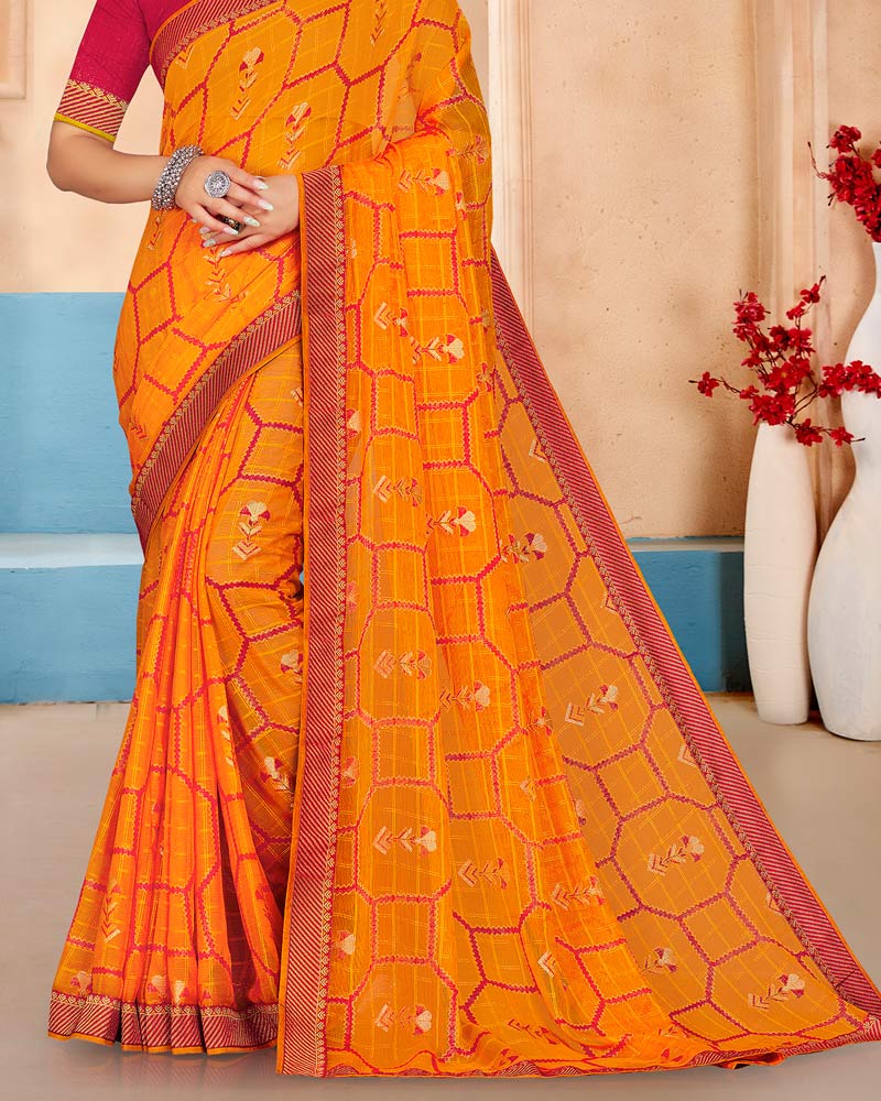Vishal Prints Orange Brasso Saree With Foil Print And Zari Border