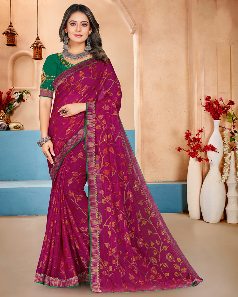 Vishal Prints Maroon Flush Brasso Saree With Foil Print And Zari Border