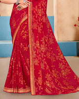Vishal Prints Cherry Red Brasso Saree With Foil Print And Zari Border