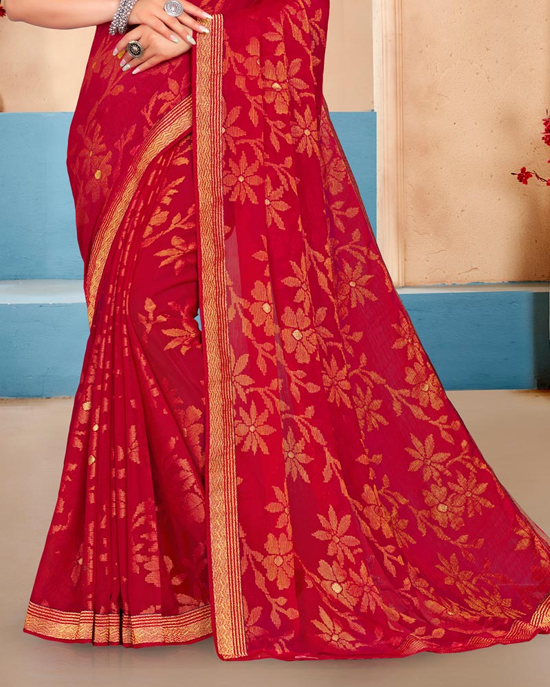 Vishal Prints Cherry Red Brasso Saree With Foil Print And Zari Border