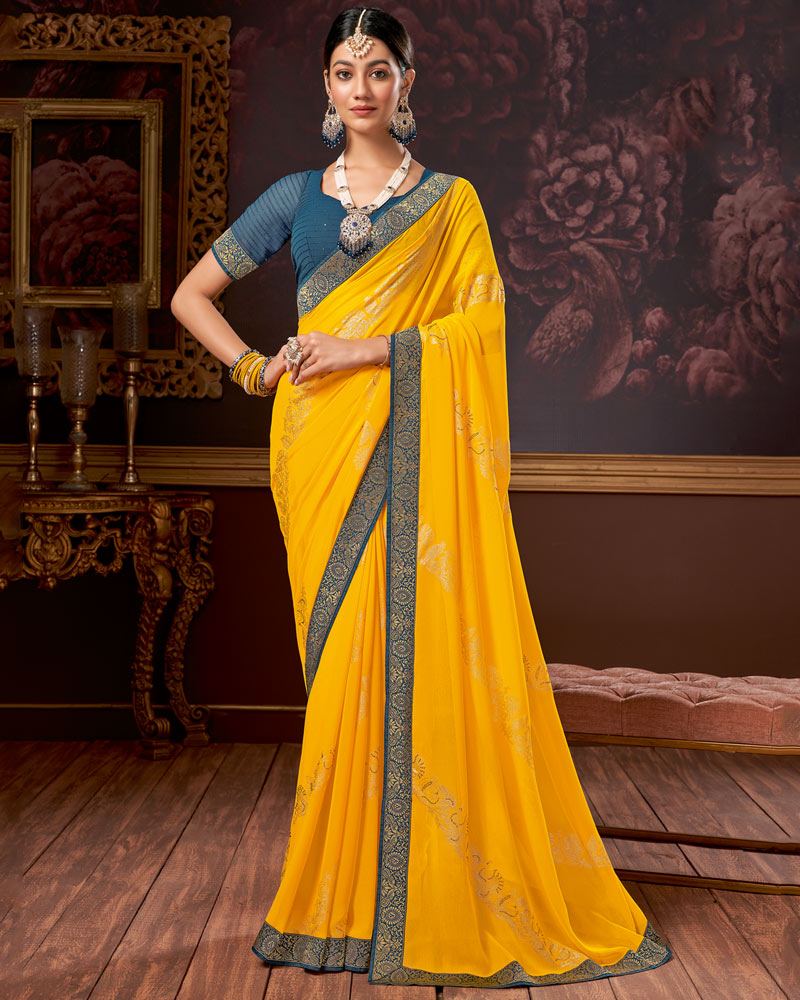 Vishal Prints Dark Yellow Chiffon Saree With Foil Print And Zari Border