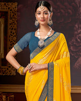 Vishal Prints Dark Yellow Chiffon Saree With Foil Print And Zari Border