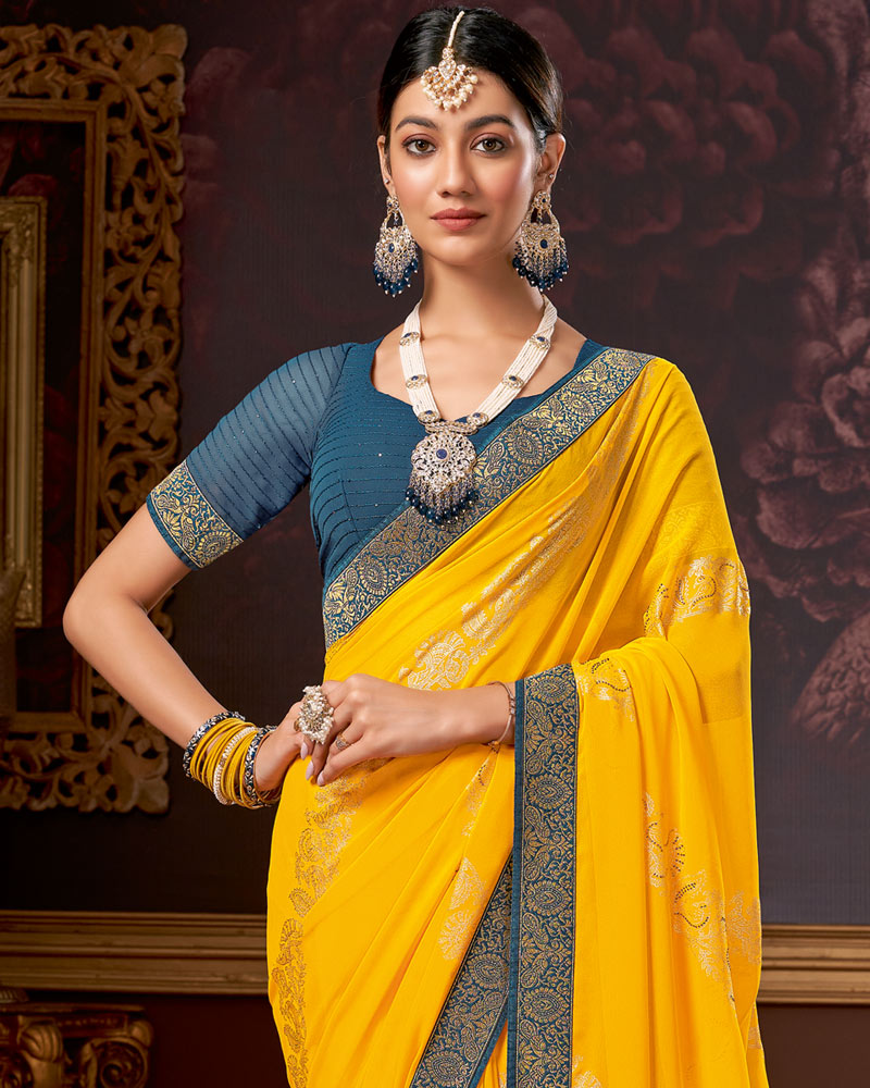Vishal Prints Dark Yellow Chiffon Saree With Foil Print And Zari Border