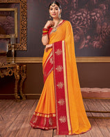 Vishal Prints Yellowish Orange Chiffon Saree With Foil Print And Zari Border
