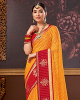 Vishal Prints Yellowish Orange Chiffon Saree With Foil Print And Zari Border